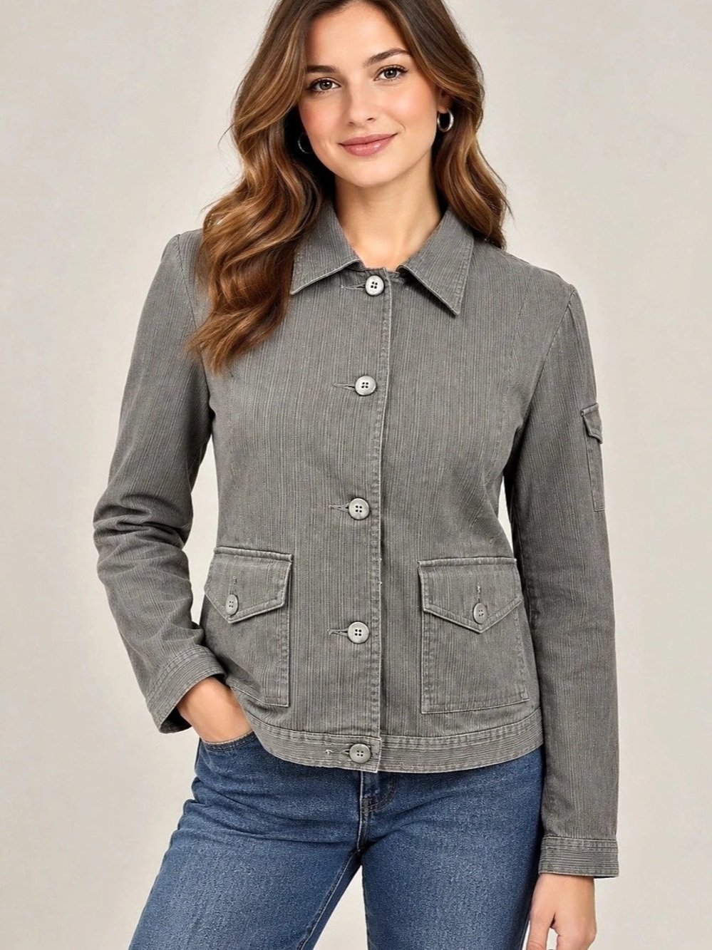 St. John's Bay Striped Utility Jacket in Gray Large NWT